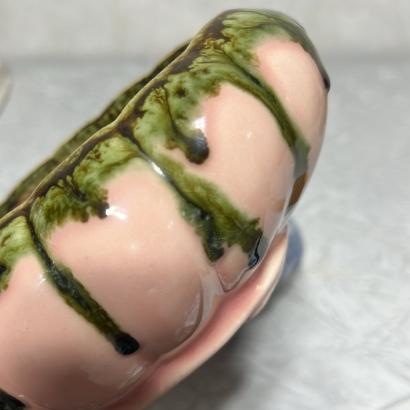 Set of 2 vintage drip glaze oval planters pink/ green  and blue/black - Picture 3 of 12